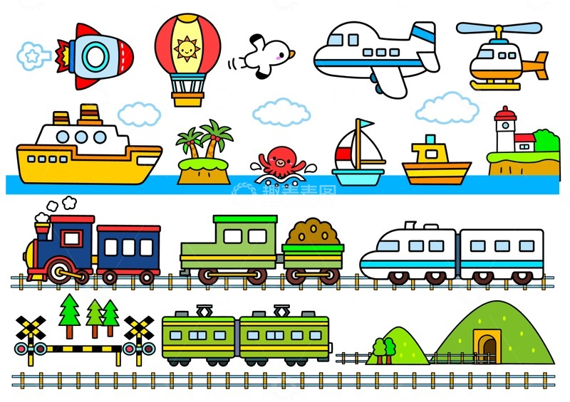 源文件下载【趣麦麦图】卡通交通工具插画合集火车飞机轮船