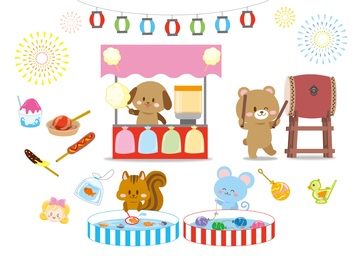 卡通动物夏日庙会插画设计素材