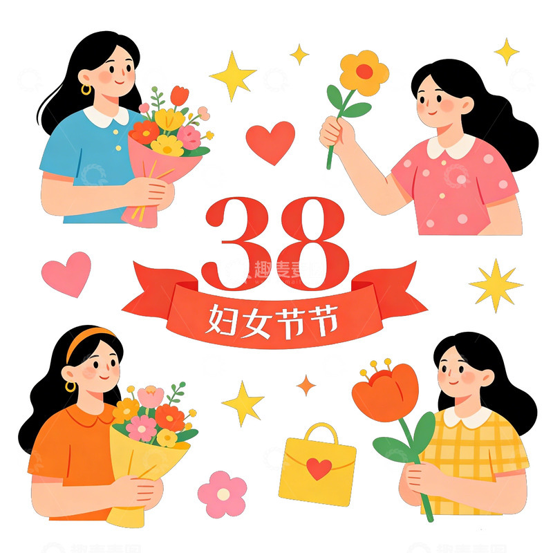 高清大图下载【趣麦麦图】卡通风妇女节庆祝插画设计素材