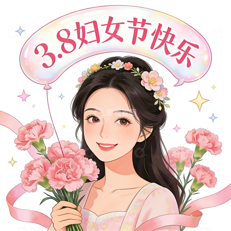 高清大图下载【趣麦麦图】卡通风三八妇女节鲜花庆祝插画