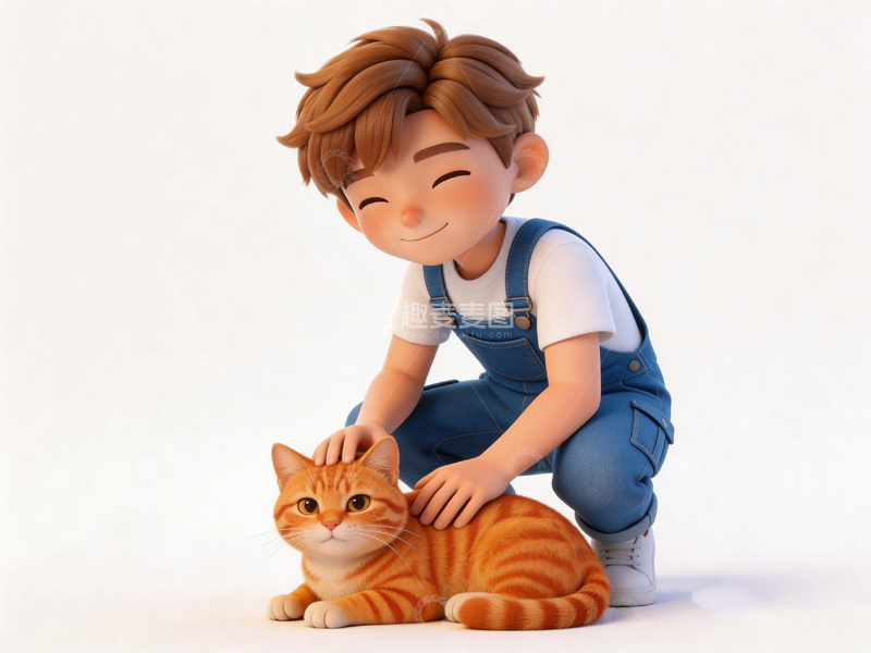 高清大图下载【趣麦麦图】卡通风男孩与橘猫温馨场景