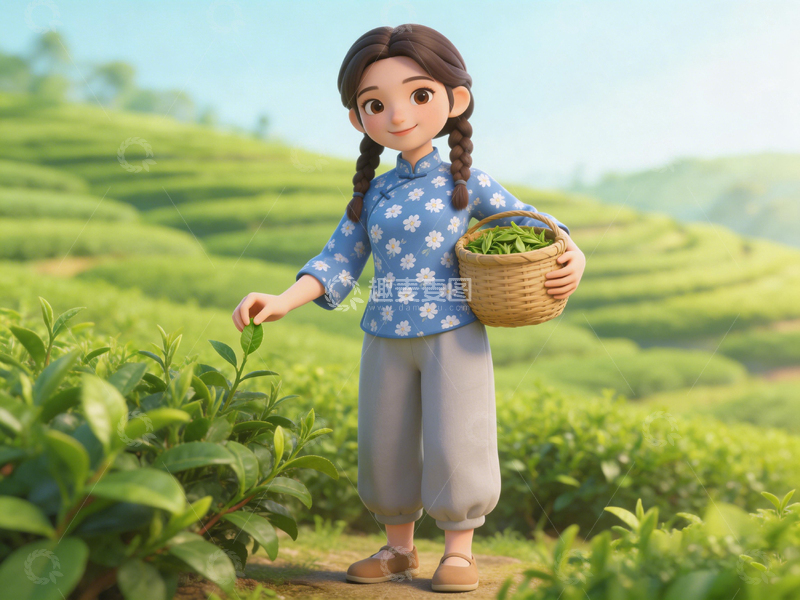 高清大图下载【趣麦麦图】田园风采茶女插画