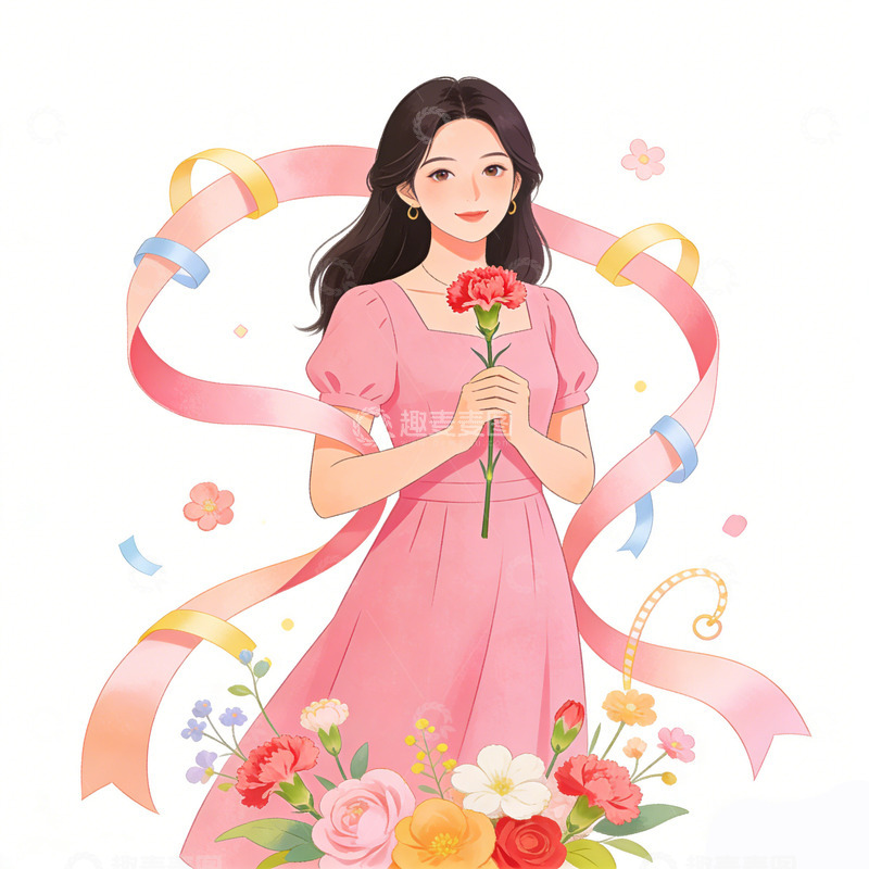 高清大图下载【趣麦麦图】粉色连衣裙少女插画素材