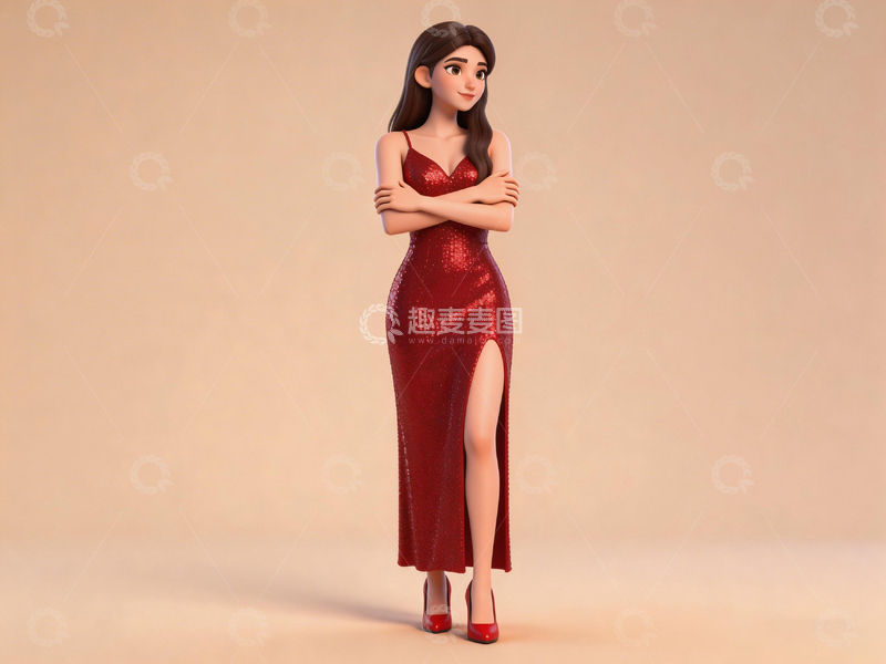 高清大图下载【趣麦麦图】动画风格红色礼服女性形象