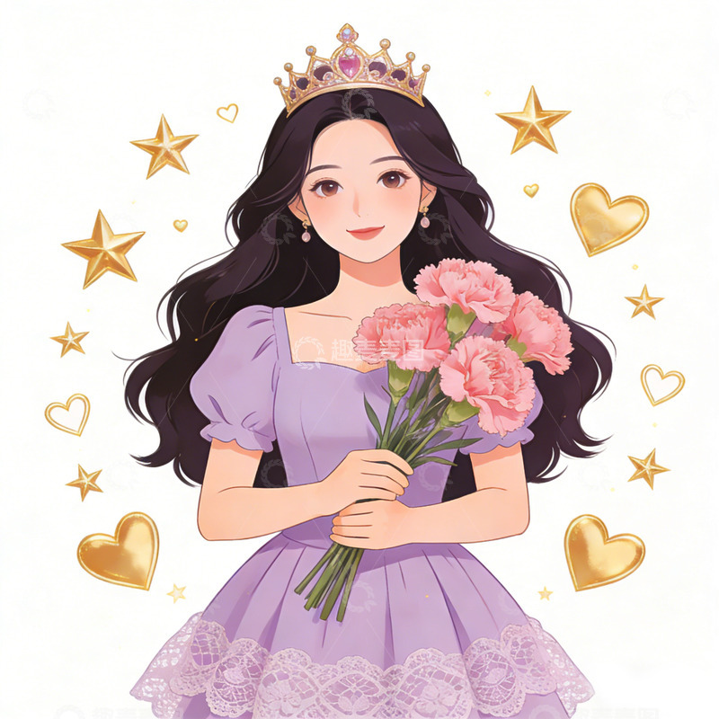 高清大图下载【趣麦麦图】卡通风紫色连衣裙女神插画素材