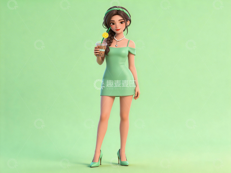 高清大图下载【趣麦麦图】时尚女性卡通形象绿色背景