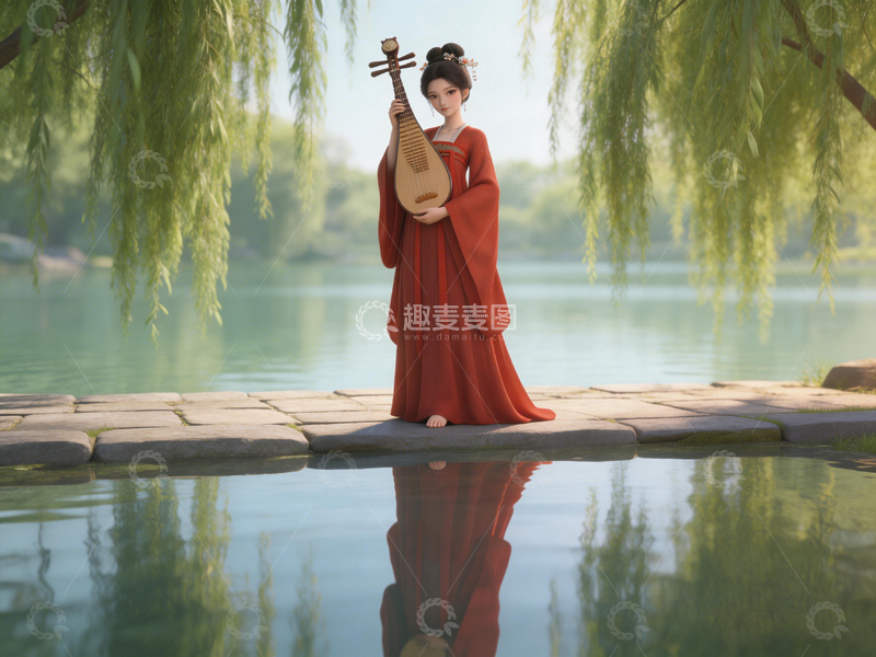 高清大图下载【趣麦麦图】古风美女湖畔琵琶演奏