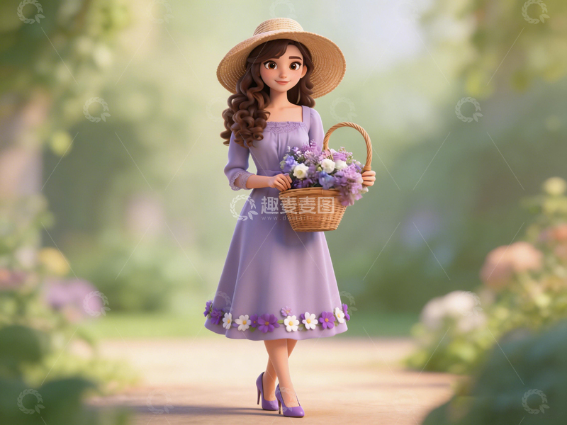 高清大图下载【趣麦麦图】田园风少女花篮插画素材