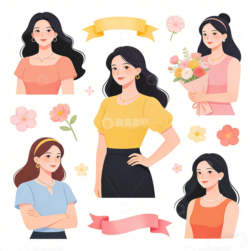 高清大图下载【趣麦麦图】扁平风女性角色插画设计素材