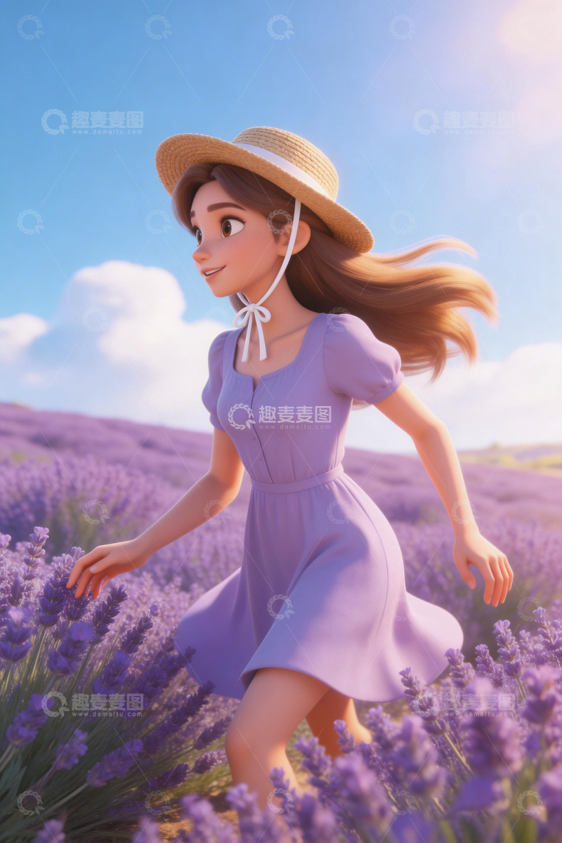高清大图下载【趣麦麦图】薰衣草田奔跑少女动画插画