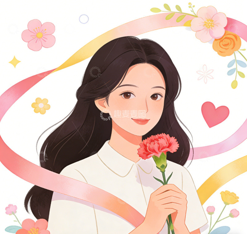 高清大图下载【趣麦麦图】清新插画风格女性花卉肖像设计素材