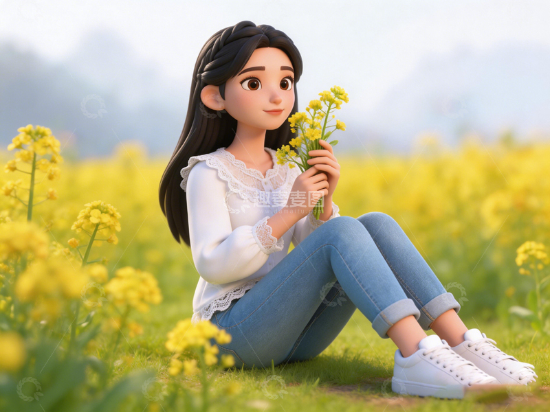 高清大图下载【趣麦麦图】田园风少女花海插画