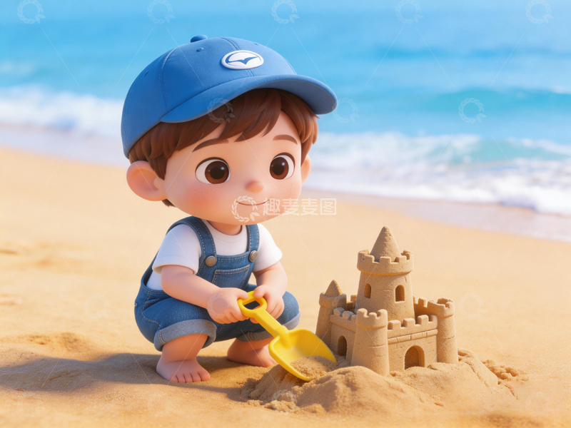 高清大图下载【趣麦麦图】卡通海边小朋友堆沙堡