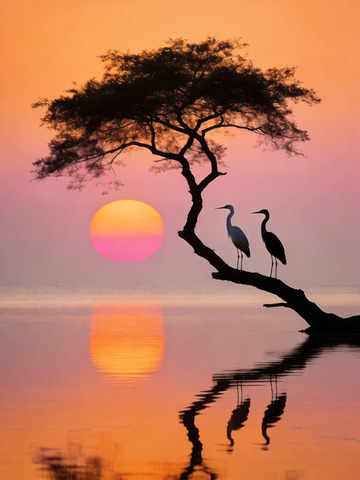 暖色夕阳树下的两只鹈鹕4