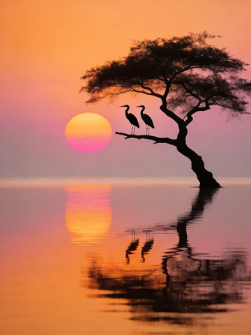 暖色夕阳树下的两只鹈鹕2