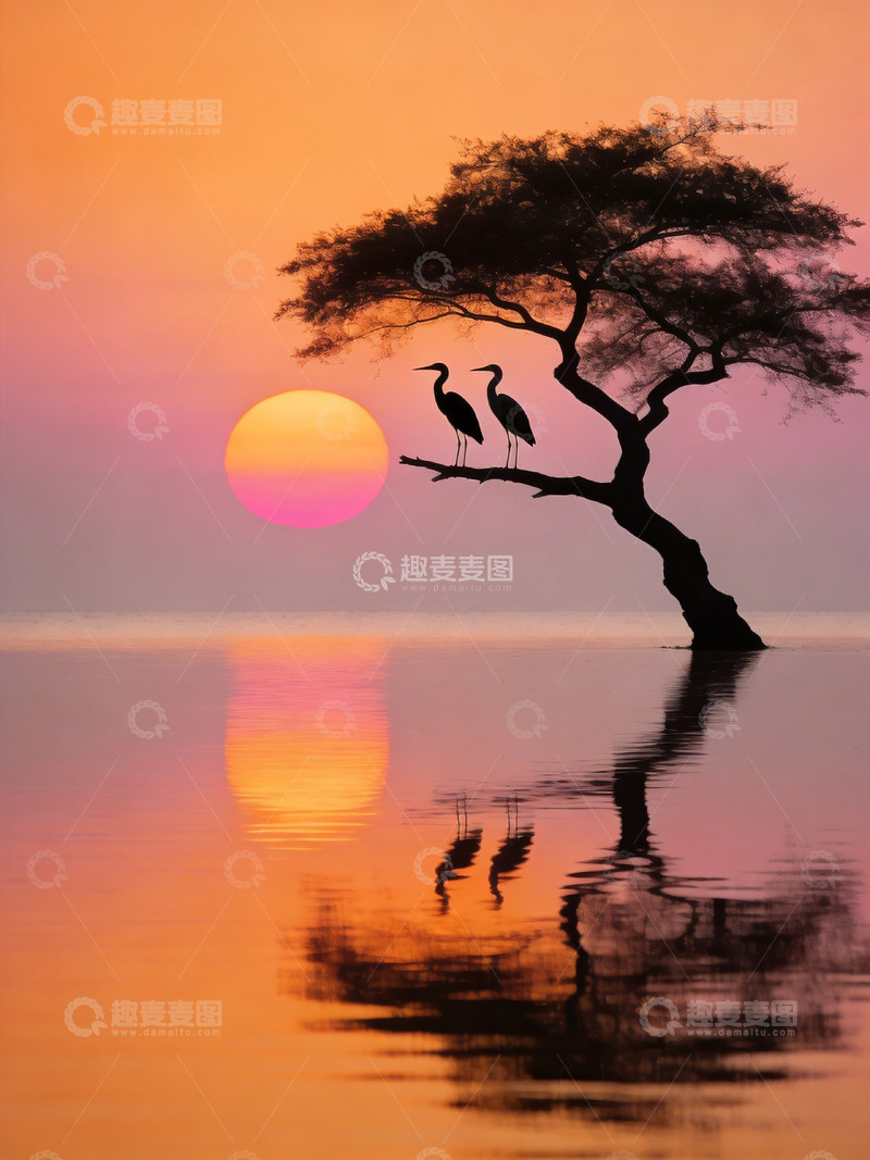 高清大图下载【趣麦麦图】暖色夕阳树下的两只鹈鹕2
