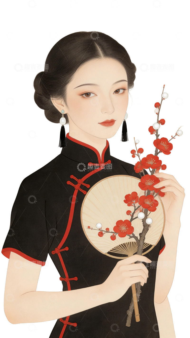 高清大图下载【趣麦麦图】古典风女子旗袍梅花扇女神节素材插图