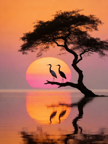 暖色夕阳树下的两只鹈鹕3
