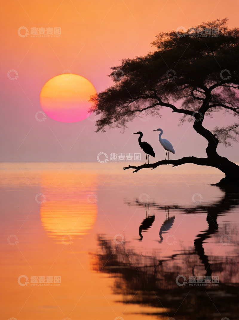 高清大图下载【趣麦麦图】暖色夕阳树下的两只鹈鹕1