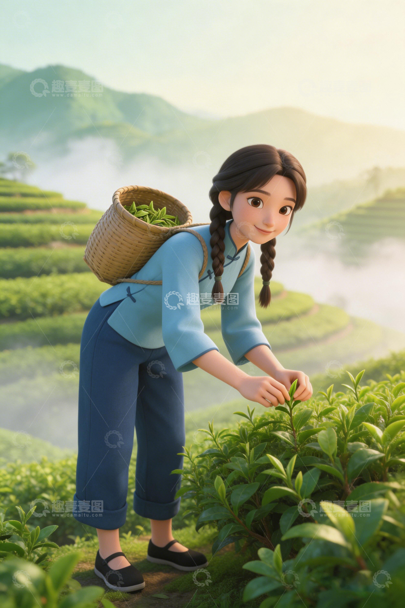 高清大图下载【趣麦麦图】茶园采摘少女卡通插画