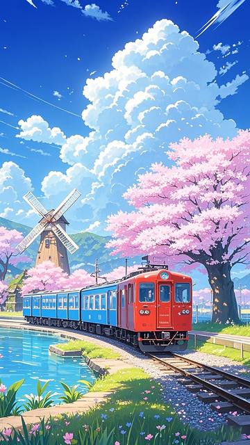 动漫风春日列车风景插画
