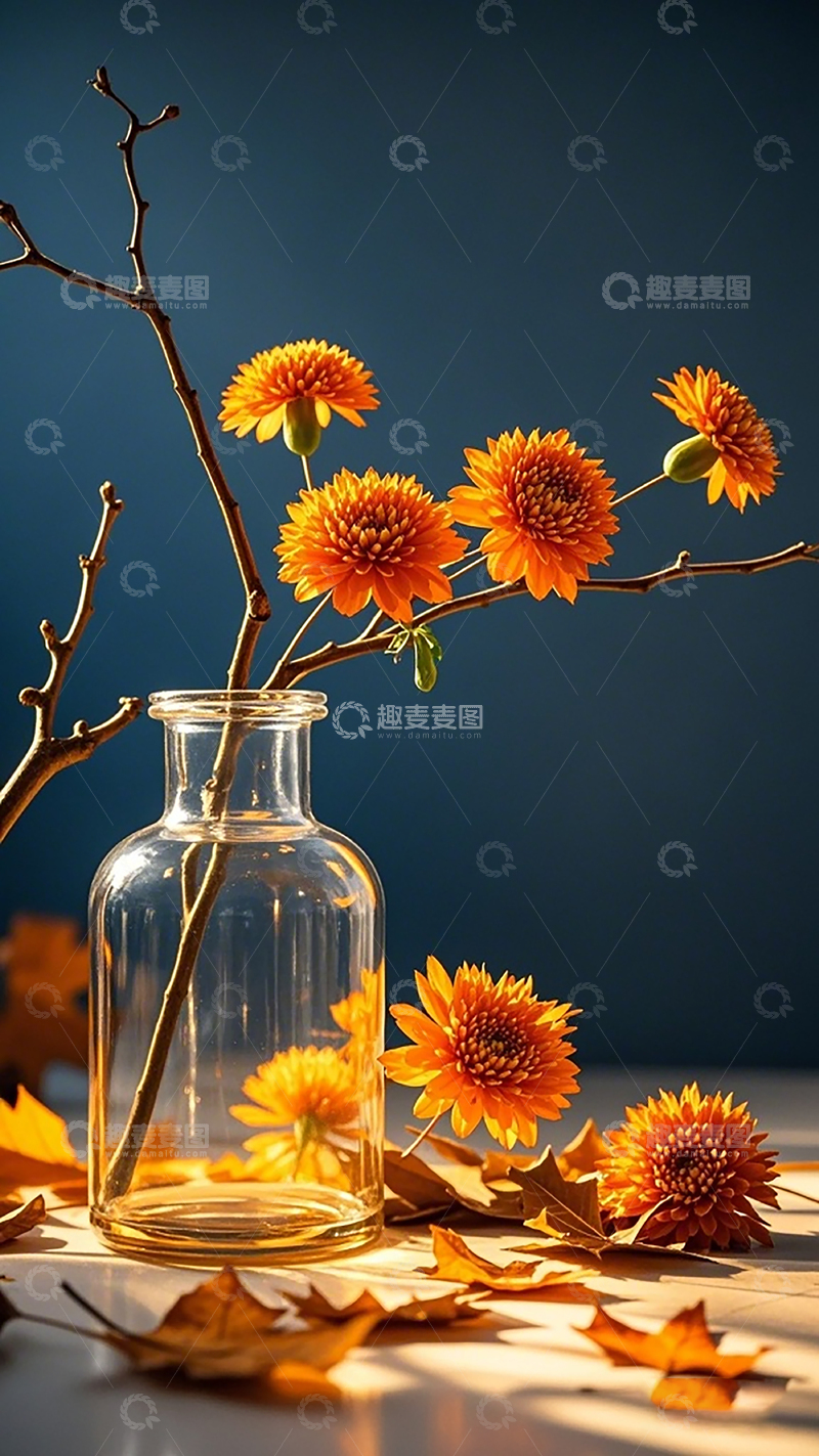高清大图下载【趣麦麦图】玻璃瓶向日葵秋叶装饰