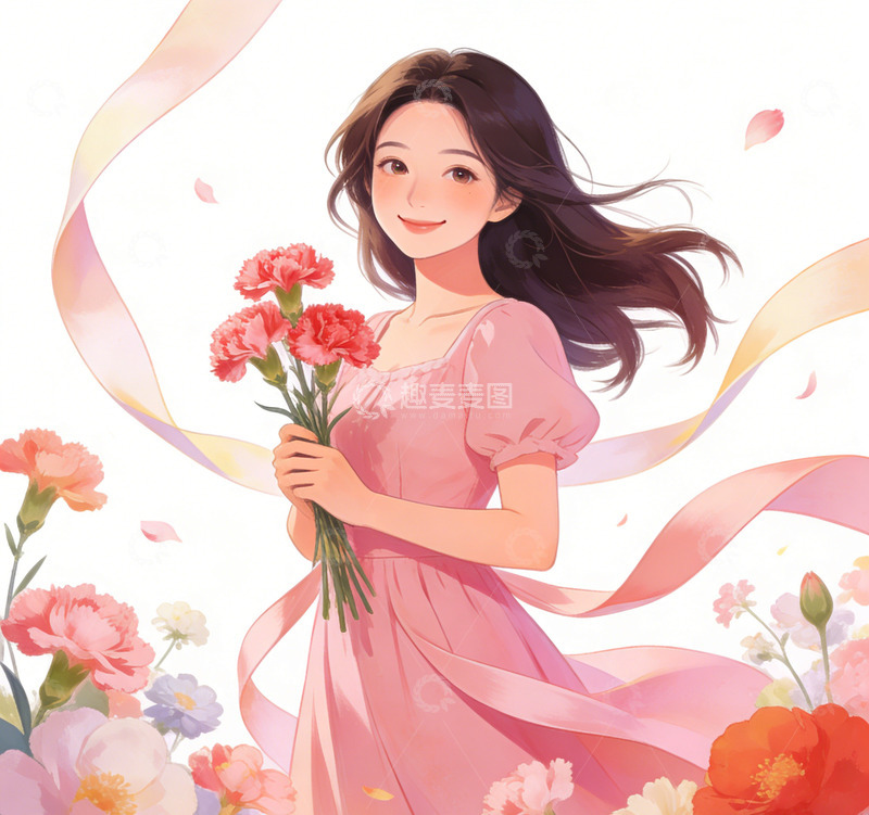 高清大图下载【趣麦麦图】粉色连衣裙少女鲜花插画