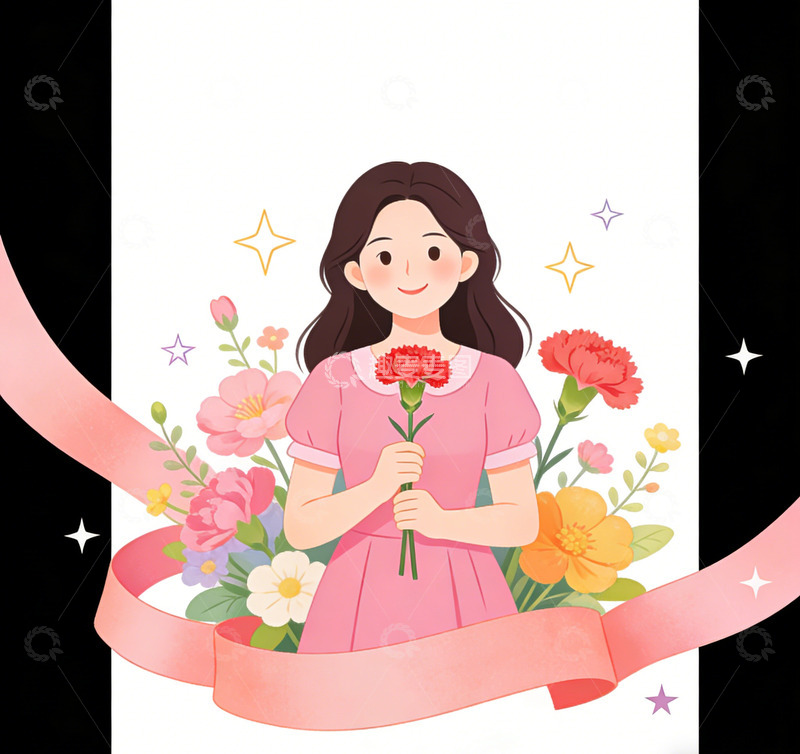 高清大图下载【趣麦麦图】卡通插画风格女性花卉庆祝图