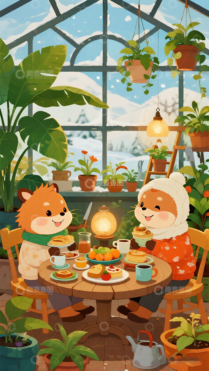 高清大图下载【趣麦麦图】温馨温室卡通动物早餐插画