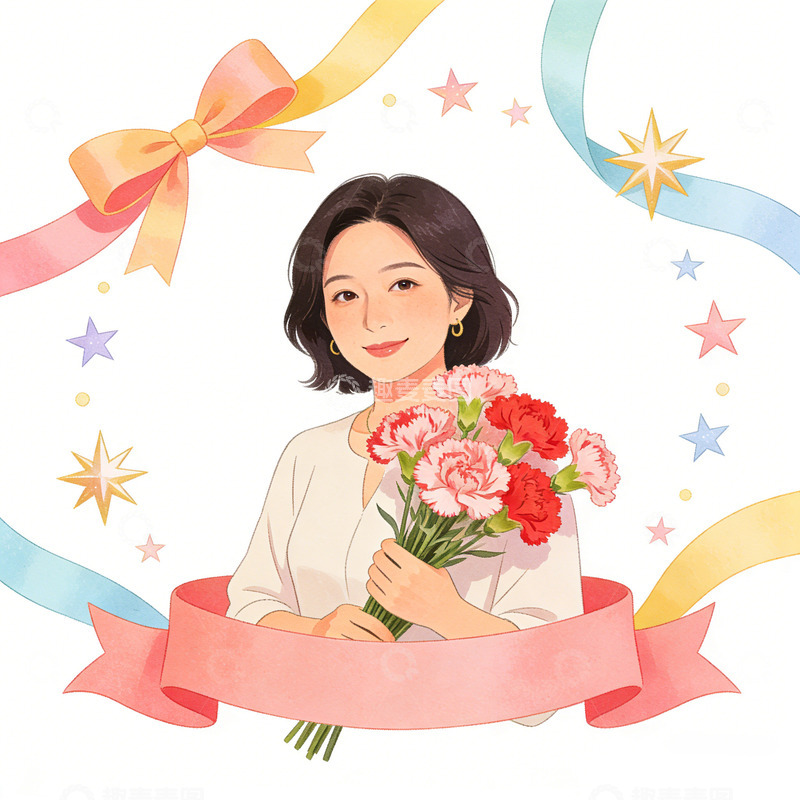 高清大图下载【趣麦麦图】-卡通风女性捧花插画素材