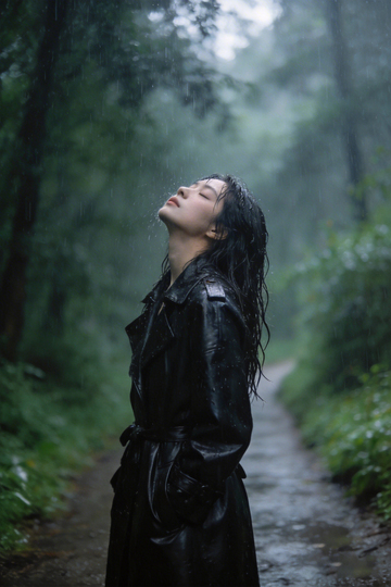 雨中林间女子摄影