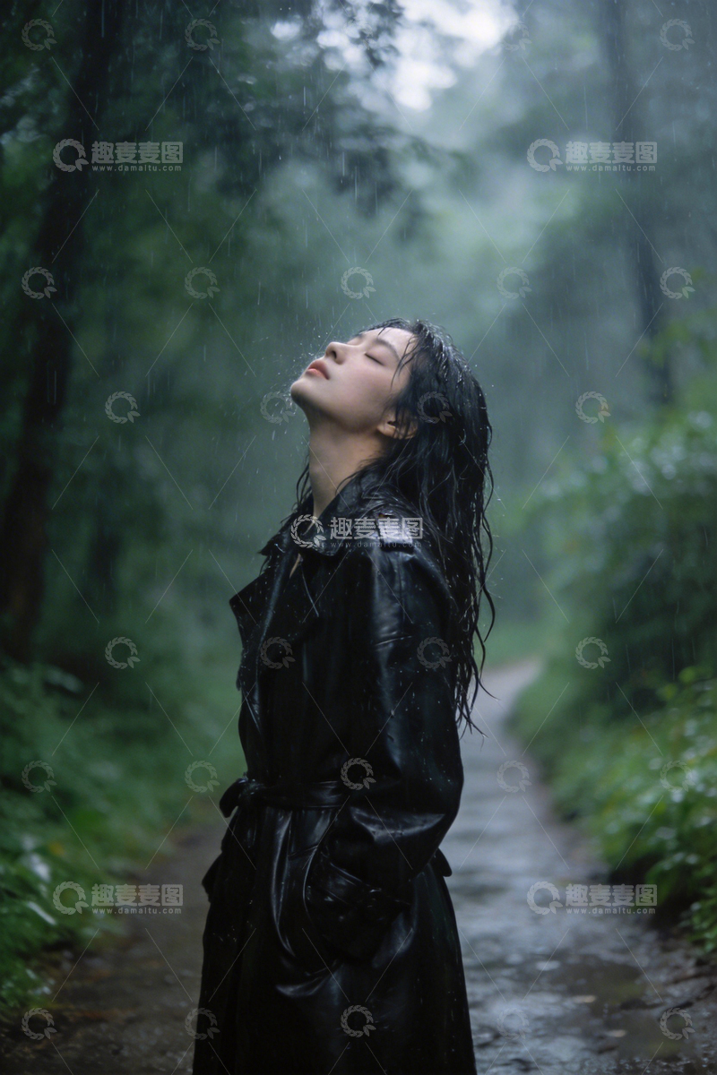 高清大图下载【趣麦麦图】雨中林间女子摄影