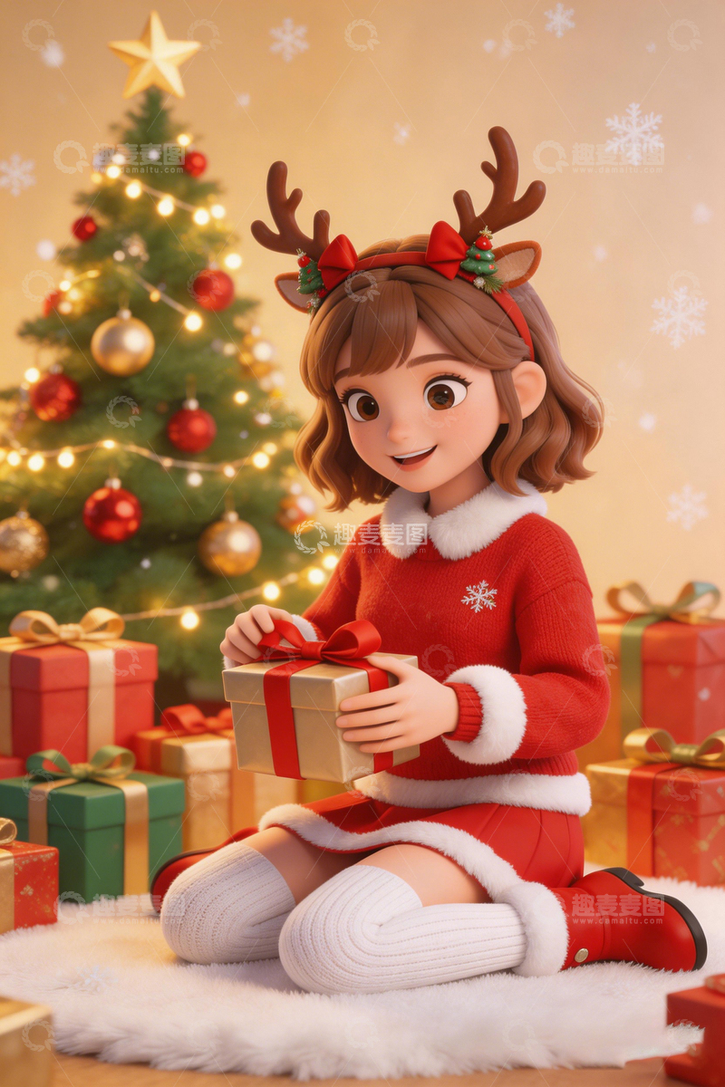 高清大图下载【趣麦麦图】圣诞少女礼物场景卡通渲染图
