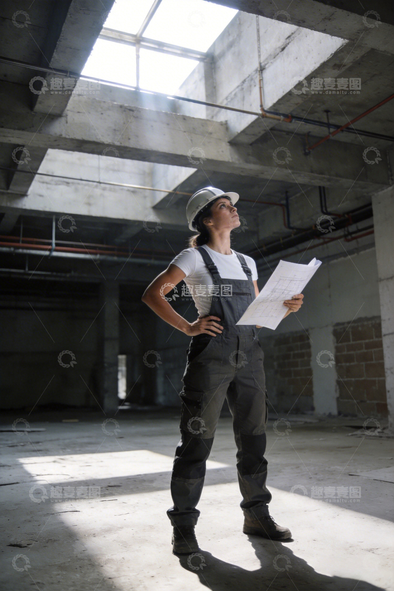 高清大图下载【趣麦麦图】建筑现场女工程师蓝图审核