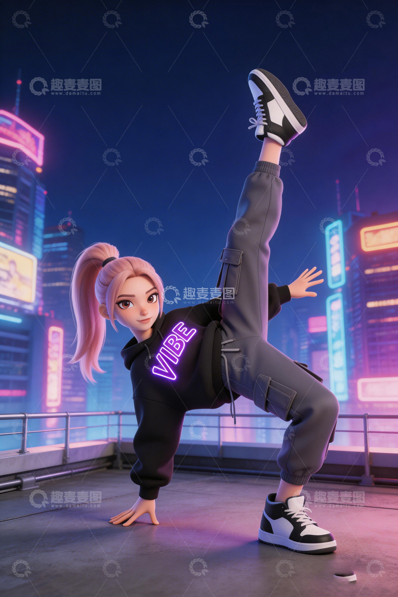 高清大图下载【趣麦麦图】都市夜景街舞女孩动漫插画