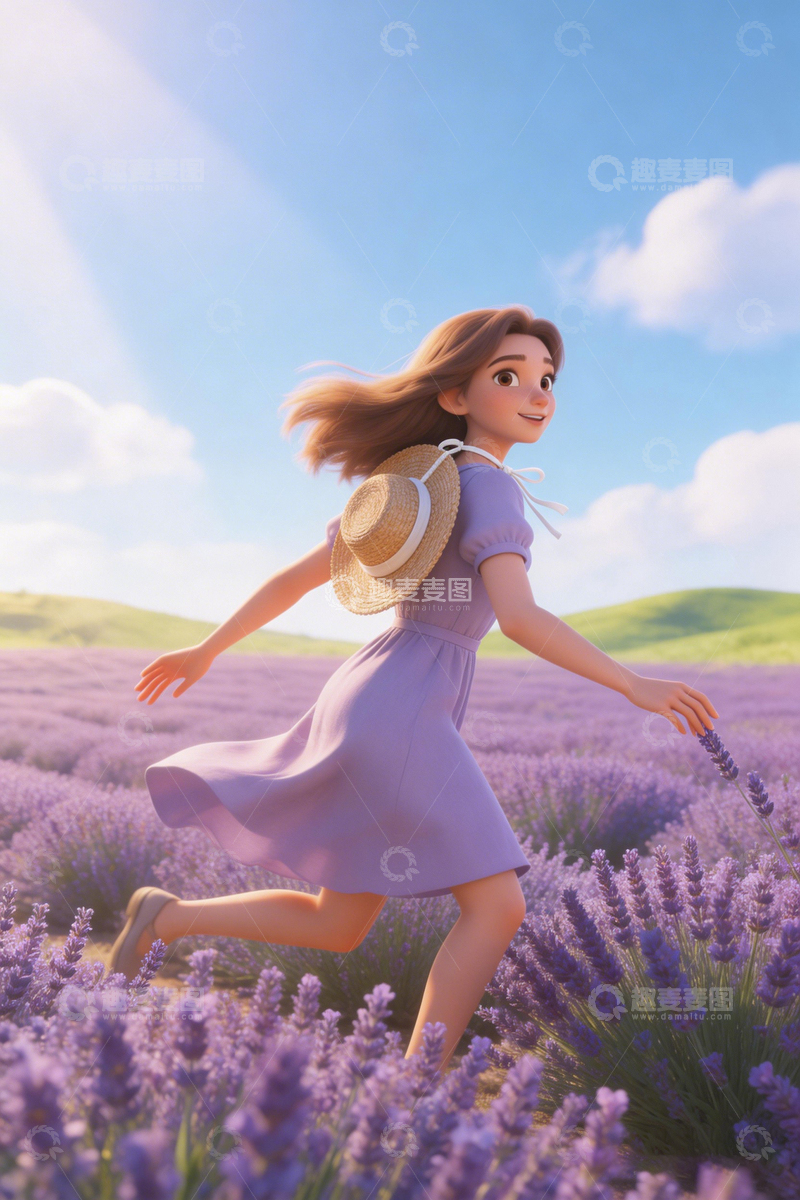 高清大图下载【趣麦麦图】薰衣草田奔跑少女插画