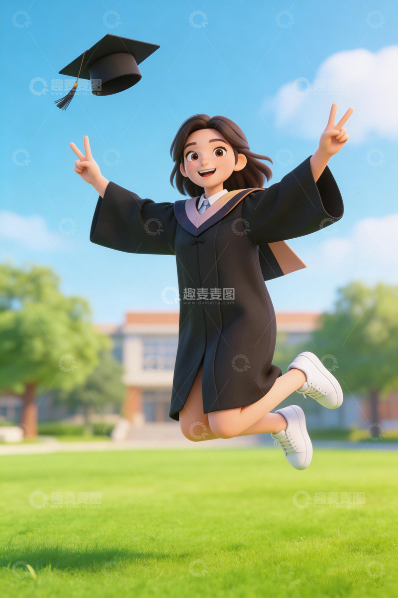 高清大图下载【趣麦麦图】毕业季欢呼跳跃女孩卡通图片