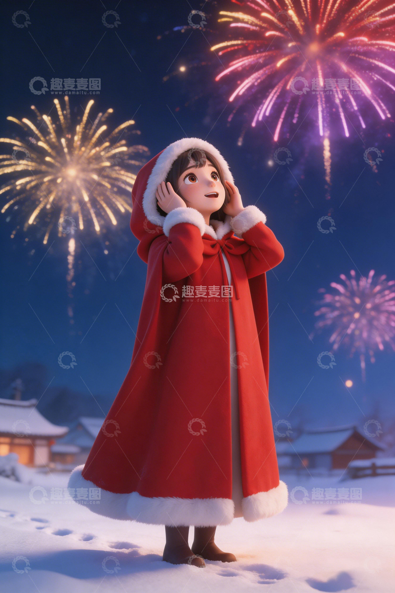 高清大图下载【趣麦麦图】冬日圣诞红衣女孩烟花美景