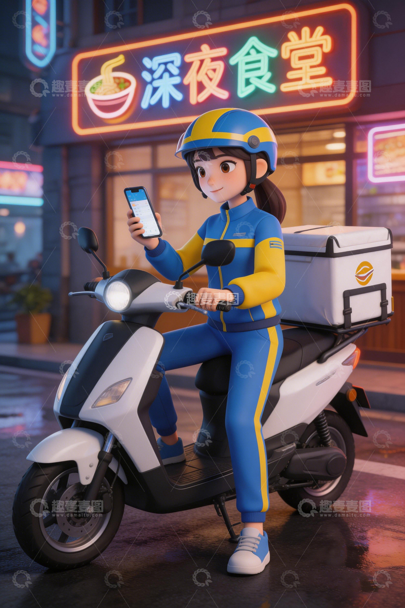 高清大图下载【趣麦麦图】外卖员城市夜色送餐图