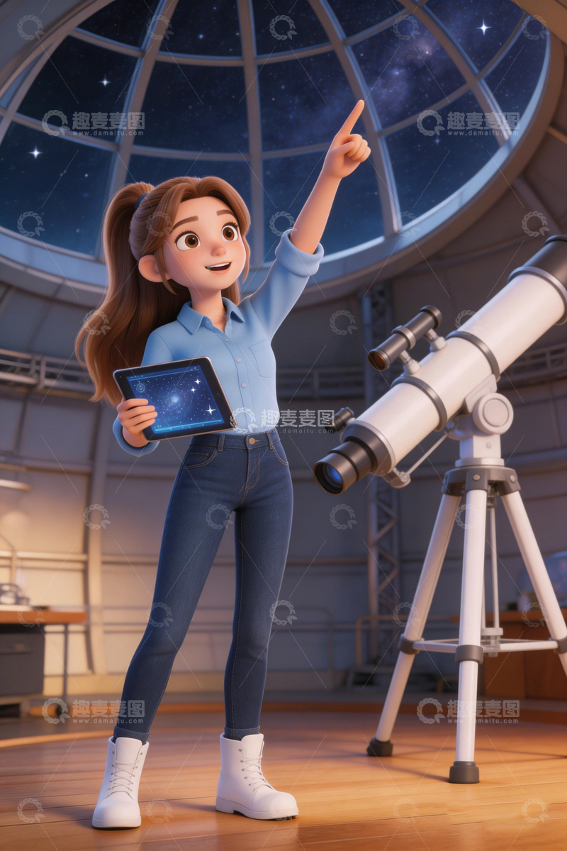 高清大图下载【趣麦麦图】卡通女天文学家观察星空