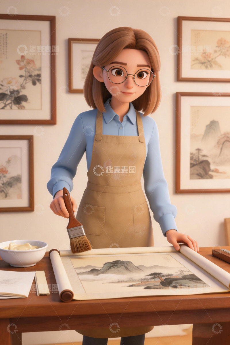 高清大图下载【趣麦麦图】卡通画家创作国画场景