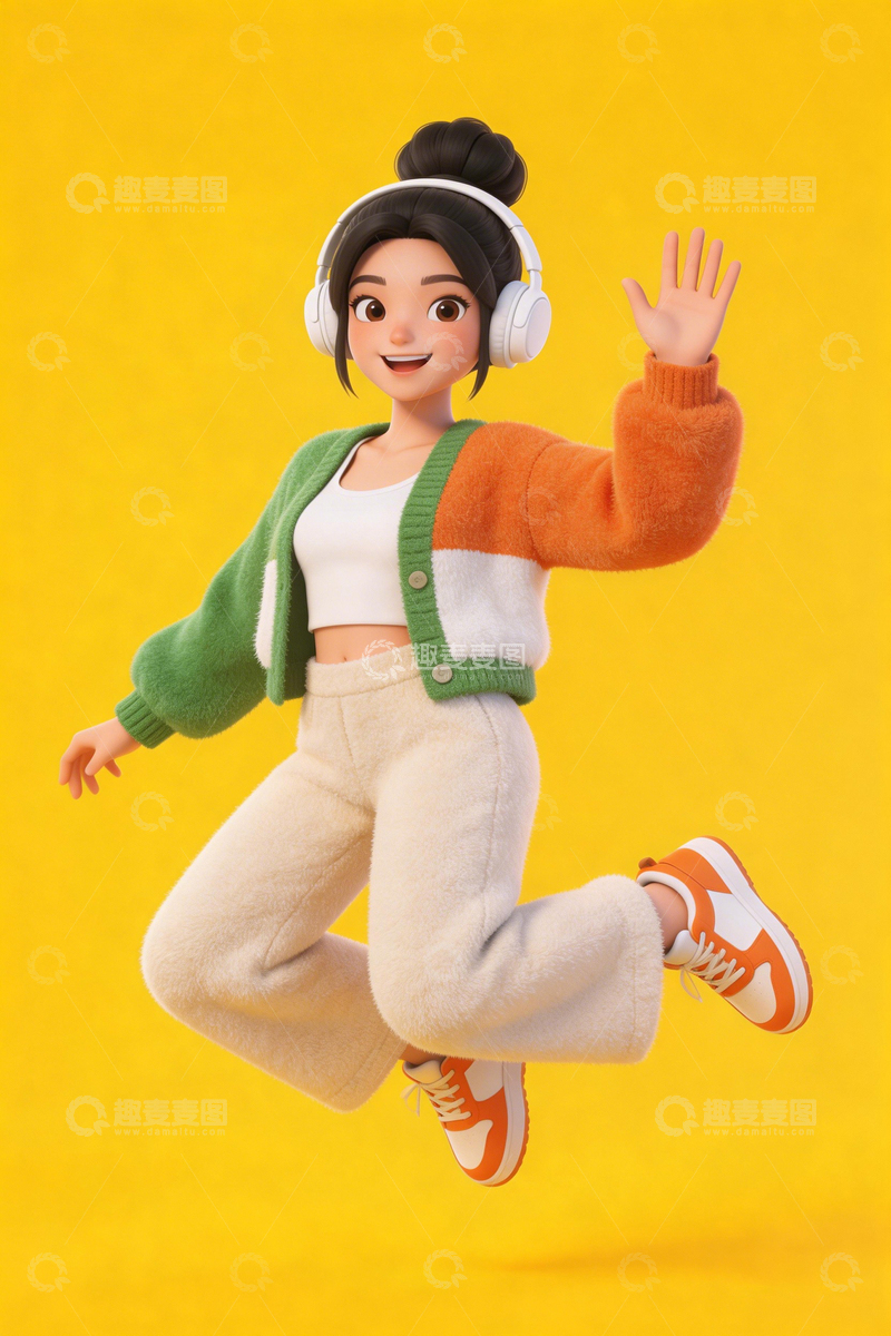 高清大图下载【趣麦麦图】卡通女孩跳跃时尚造型