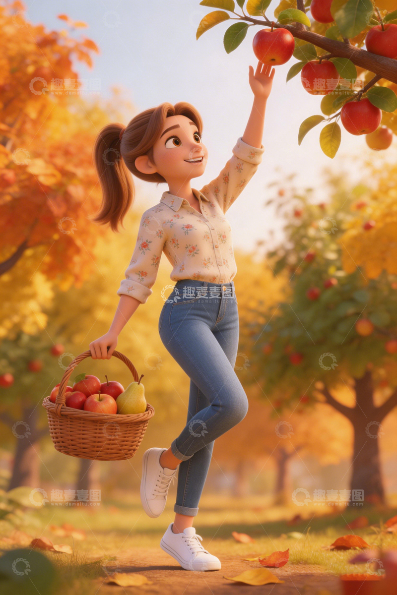 高清大图下载【趣麦麦图】秋日果园采摘动画女孩