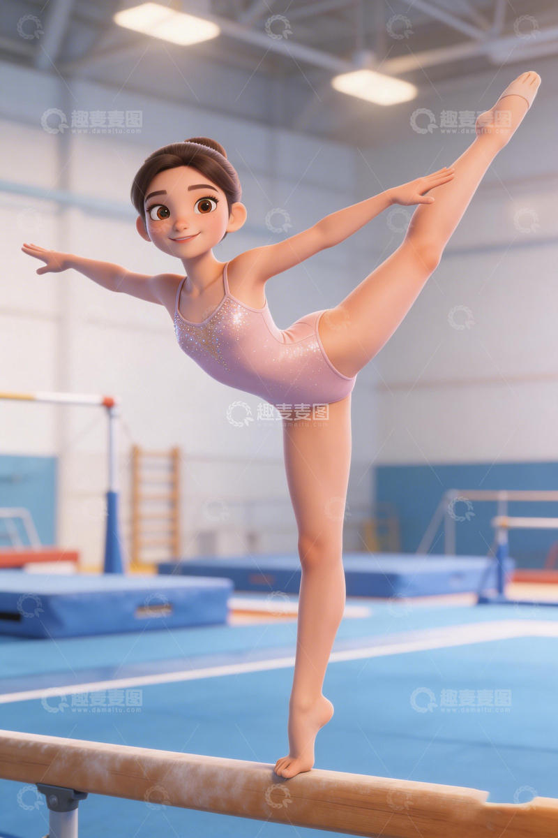 高清大图下载【趣麦麦图】体操女孩平衡木训练动画画面