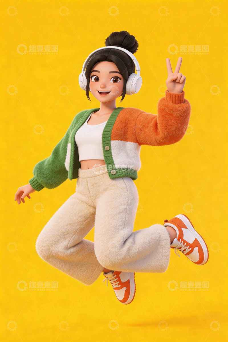 高清大图下载【趣麦麦图】卡通风格跳跃少女3D渲染图