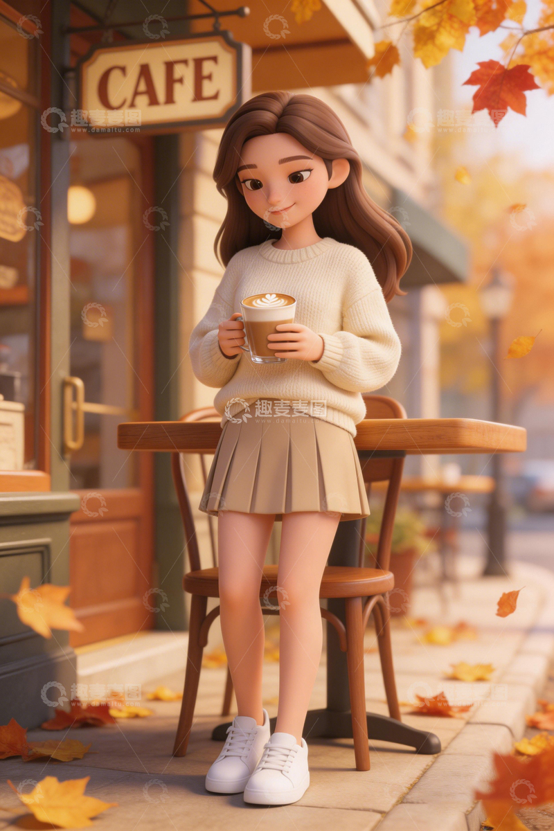 高清大图下载【趣麦麦图】秋日咖啡馆少女插画