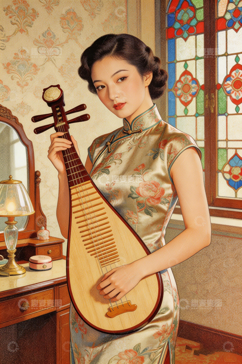 高清大图下载【趣麦麦图】复古旗袍美女琵琶图