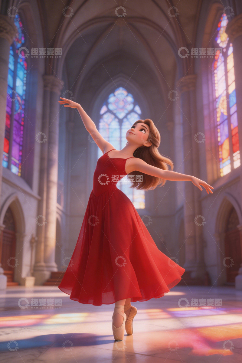 高清大图下载【趣麦麦图】教堂芭蕾红裙舞者艺术照