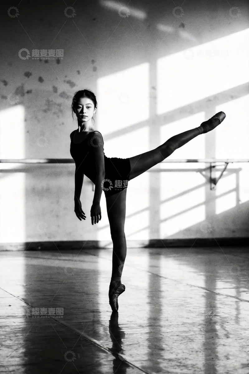 高清大图下载【趣麦麦图】芭蕾舞者高难度动作黑白摄影