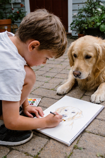 户外绘画金毛犬场景